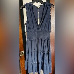 Max Studio Navy Striped Smocked-Waist Midi Dress